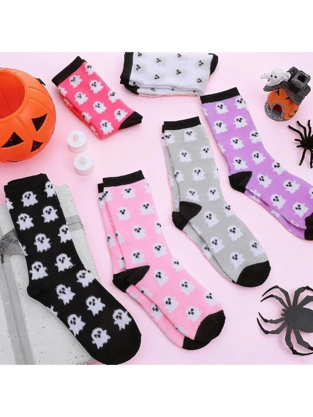Cute Ghost Halloween Socks for Women - 6 Pairs Fuzzy Cotton Crew, Spooky Fun